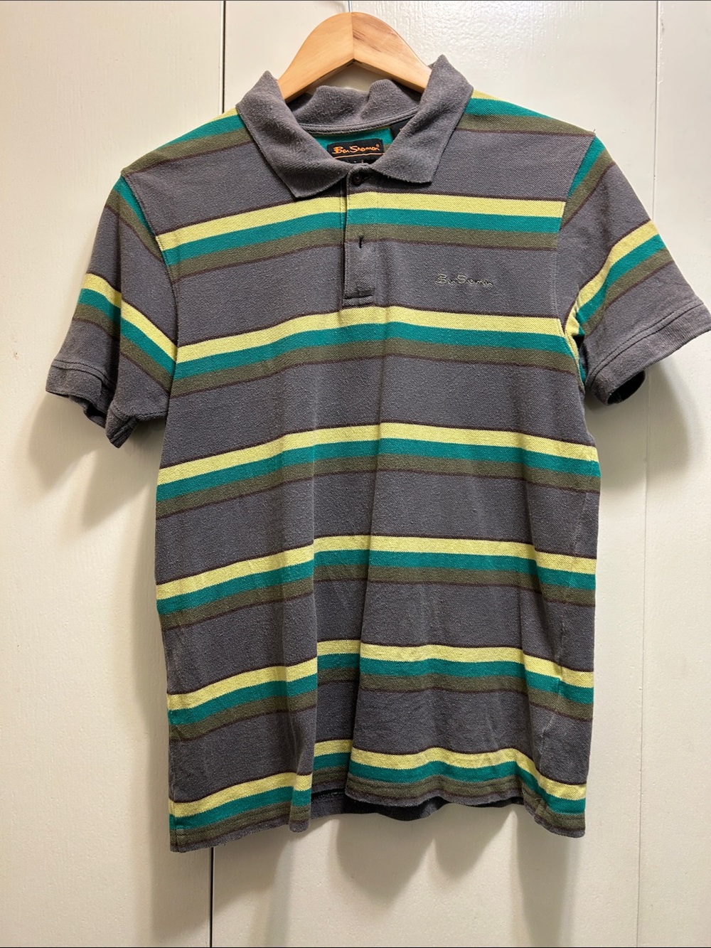 Ben Sherman Gray Polo with Green and Yellow Stripes